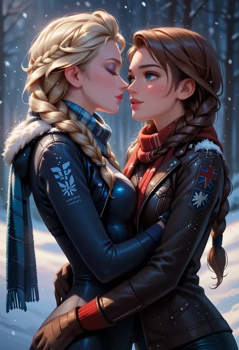 score_9, score_8_up, score_7_up, rating_safe, 2girls, duo, yuri, couple, very sexy (Elsa, blonde, braid:1.2), and very sexy (Anna, brown hair, braided pigtails:1.3), (eyes half-closed:1.1), detailed eyes, detailed face, head tilt, flirt, wearing (ski outfi...