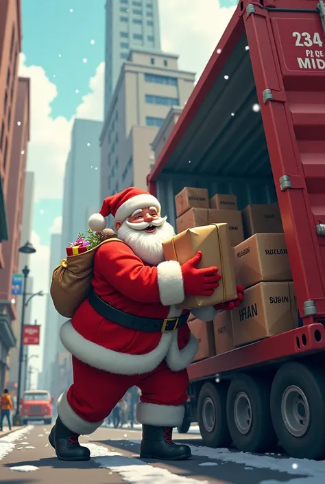 Santa unloading a container on a street in front of a warehouse 