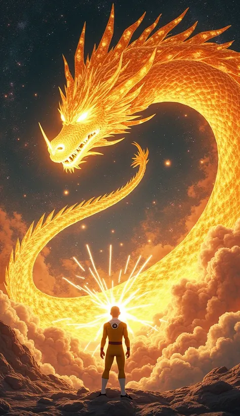 A mind-blowing battle between Saitama (One Punch Man) and an enormous cosmic dragon in the vacuum of space. Saitama stands with his usual bored expression, dressed in his iconic yellow jumpsuit as the dragon, a gargantuan creature made of shimmering cosmic...