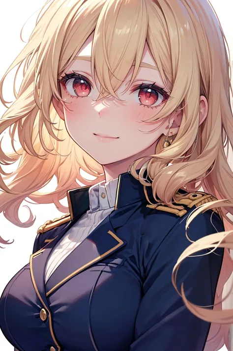 Masterpiece, ((1 girl)), ((Best Quality)), (Ultra-detailed), Highly detailed, (Portrait), ((Big breasts)), ((Curly Twisted Long Hair, Blonde hair, Red eyes)), ((20-years-old, Young girl)), ((White Skin)), ((Blue Military Blazer Uniform, Blue Blazer, Blue U...