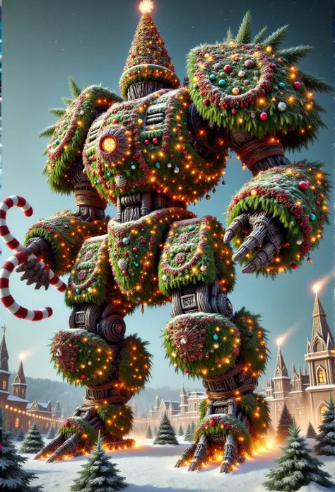 A towering battlemech entirely constructed from Christmas tree branches, pine boughs, ornaments, and garlands, locked in an intense battle against a horde of warring Christmas elves. The mechs limbs and torso are crafted from dense pine needles woven into ...