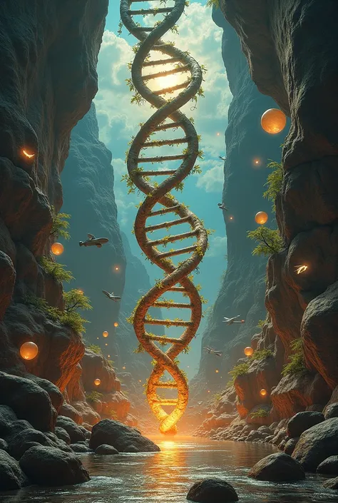  A central DNA surrounded by symbols of paleontology  ( fossils ), biogeography  (maps),  genetics and taxonomy ,  showing the union of these areas in Neo-Darwinism.