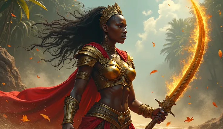 A fierce-looking African warrior goddess dressed in leather armor adorned with red and gold details. She holds a flaming golden curved sword while surrounded by violent winds. The background shows trees bent by the wind and leaves flying, symbolizing her c...