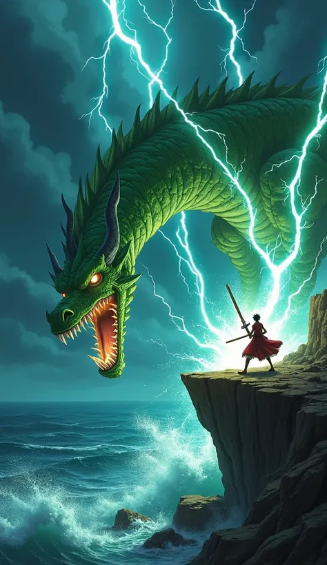 An intense showdown between Zoro (One Piece) and a massive, storm-breathing dragon on the edge of a cliff during a raging thunderstorm. Zoro, in his three-sword style, faces the dragon, his swords glowing with intense energy as he prepares for battle. The ...