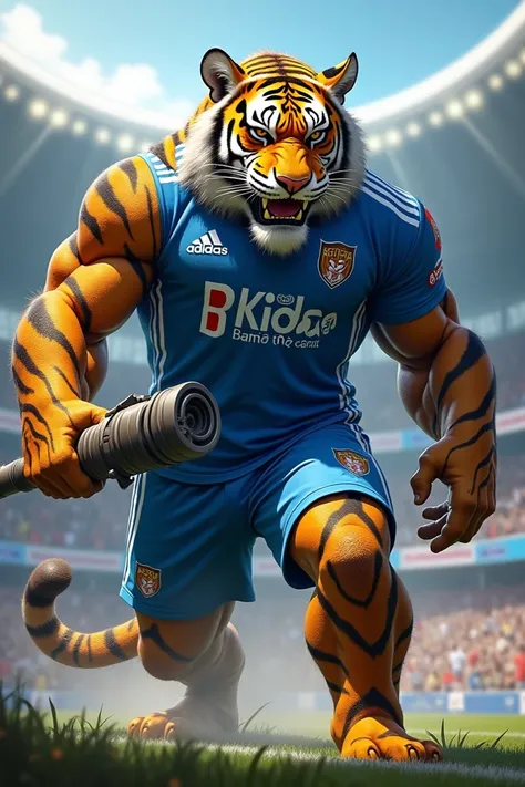 Make me a picture with the theme: a combination of a tiger with a giant human posture, Persib football attire, muscular, complete with bazooka, scary, location in the stadium, realistic fantasy picture