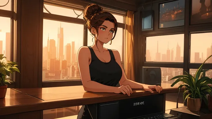 "A woman with brown hair styled in a messy bun sits at a wooden desk, focused on her black laptop in a softly lit room. She is wearing a black tank top, and her posture conveys deep concentration, hands lightly resting on the keyboard. The room is filled w...