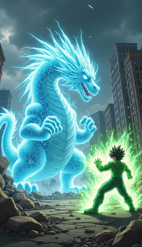 A heroic battle between Izuku Midoriya (Deku) and a colossal, energy-infused dragon in the ruins of a destroyed city. Deku, in his full One For All power, stands tall, his body glowing with an intense green aura as he unleashes a powerful smash. The dragon...