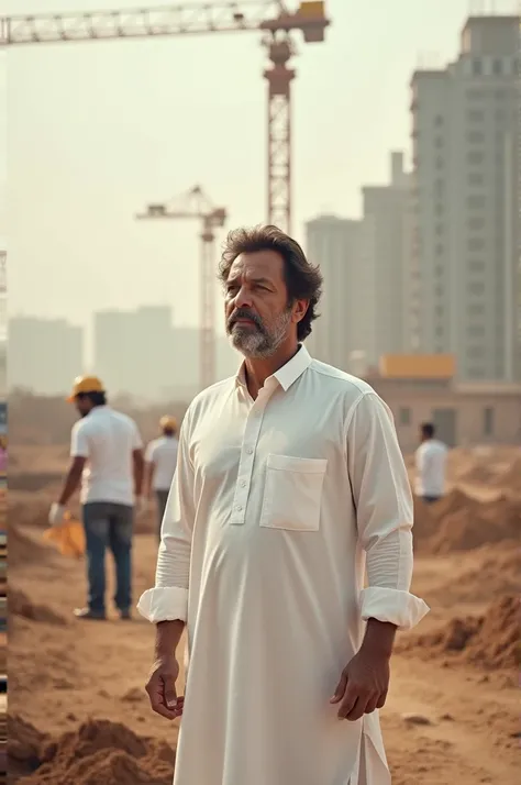 Prompt:
"An emotional and inspiring scene of Imran Khan at the construction site of Shaukat Khanum Hospital. Imran is wearing a white shalwar kameez and looking determined. Workers are seen building the hospital in the background. A faint sketch of a hospi...