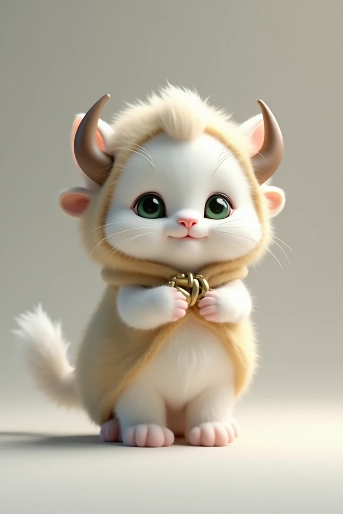 White kitten with green eyes in realistic bison costume. 3D Illustration