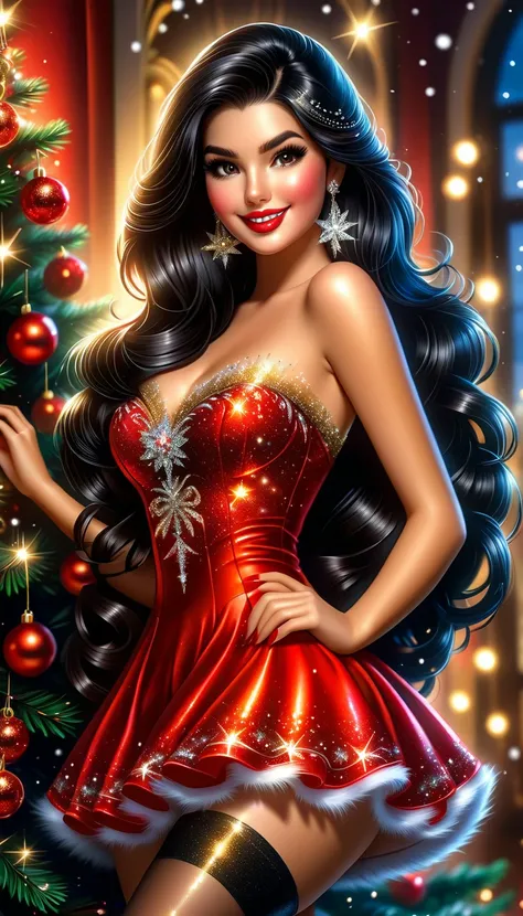 A beautiful woman with long straigh black hair, beautiful face, lashes, shy smile  and red lips, she is smiling and looking to observer, wearing sparkling mini dress in santa claus style,brown stockings and over-the-knee high top black boots, she is in fro...