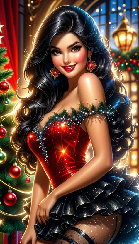 A beautiful woman with long straigh black hair, beautiful face, lashes, shy smile  and red lips, she is smiling and looking to observer, wearing sparkling mini dress in santa claus style,brown stockings and over-the-knee high top black boots, she is in fro...