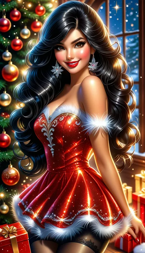 A beautiful woman with long straigh black hair, beautiful face, lashes, shy smile  and red lips, she is smiling and looking to observer, wearing sparkling mini dress in santa claus style,brown stockings and over-the-knee high top black boots, she is in fro...