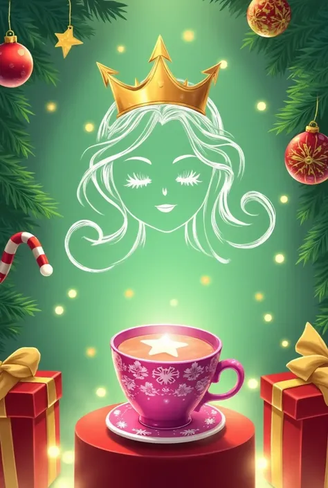 santagirl,chirtsmas,Snowy，Podium Background，Christmas， a vibrant pink coffee cup with intricate white design on the lid， holding a light pink drink topped with a white star， featuring a regal womans face in delicate white outline， adorned with a golden cro...