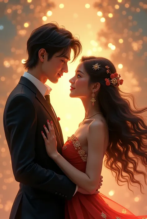 Full body photo with animated mix image, a handsome man with a face like a meteor garden artist , sedikit gondrong, wearing a modern black suit is hugging and looking at her lover a beautiful woman with long flowing hair with an evening dress and the backg...