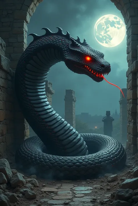 Dans les ruines d’un château en ruine, baigné par la lumière de la lune, un cobra royal démoniaque se dresse, immense et menaçant. Sa peau noire comme l’onyx est parsemée d’éclats rouges qui pulsèrent comme des braises ardentes. Ses écailles scintillent d’...