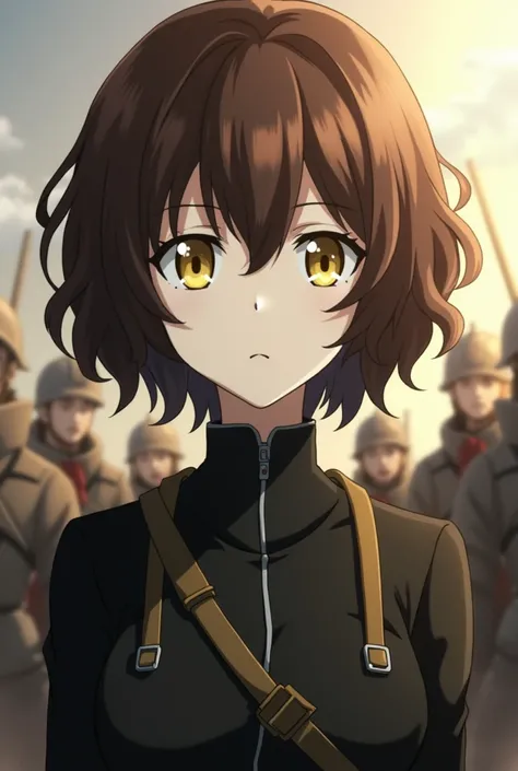  Screenshot of Shingeki no Kioyin season 4,  female character ,  white skin , short brown wavy hair ,  yellow eyes ,  serious expression ,  with a black shirt long collar and harness , with a war background , MAPPA design