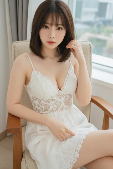  4K,   high definition , cute. 20s,  clear , hair,   realistic ,   Detailed Eyes and Faces  , large breasts, (happiness smile:0.7)  hotel , Sitting on a Wooden Chair , cleavage, sexy white lace dress, detailed face and eyes, (cute), Asian cute actress, Bea...