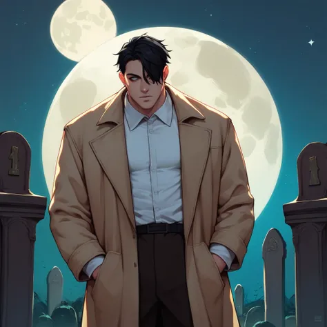 score_9,score_8_up,score_7_up, score_6_up, score_5_up, source_Anime,  clumsy tall man, Cemetery at night,  moon, long black hair,  hair covering one eye ,  trench coat, Creepy, white shirt