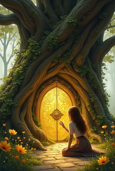 A small golden door ,  embedded in the base of an old oak tree ,  surrounded by vines and flowers with golden eyes.

lina,  a young woman with wavy brown hair and curious ,  kneeling in front of the door ,  her hand about to touch the knob .

 A flash of s...