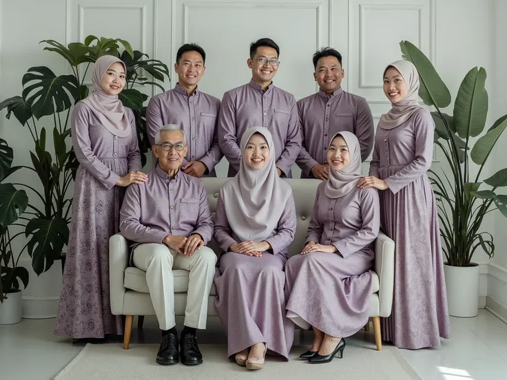 A stunning and cohesive family portrait of an Indonesian family of eight members, all dressed in lilac batik kebaya Muslim clothing and Sharia long dresses. The women elegantly wear hijabs, adding a touch of modesty to the ensemble. The family is gathered ...