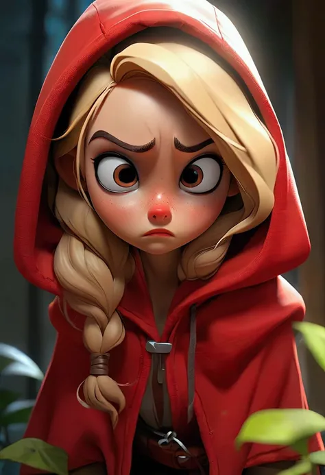 "In a quiet room, a blonde girl in a red hood stands with a worried expression. Her eyes are filled with concern and questions as she prepares to ask someone something. The vibrant red of her hood beautifully frames her hair, yet her face carries a sense o...