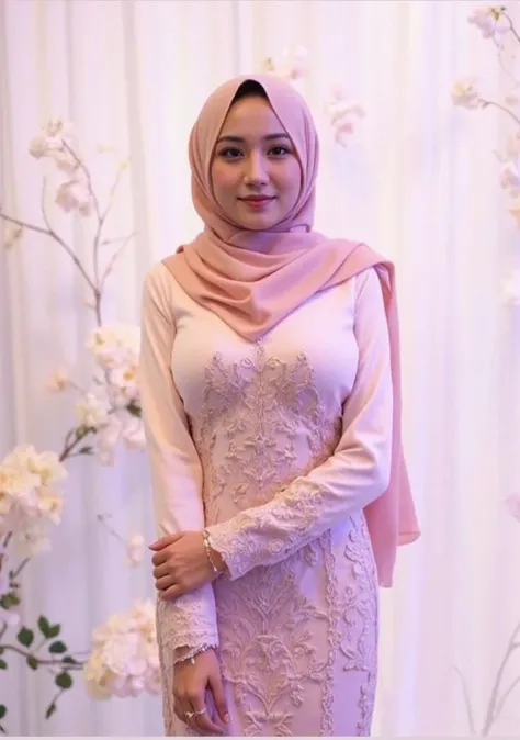 an Photograph of a young woman in a light pink hijab and matching dress, standing against a white curtain backdrop adorned with floral arrangements. The dress features intricate lace embroidery. She has a soft smile and is wearing delicate jewelry. The ima...