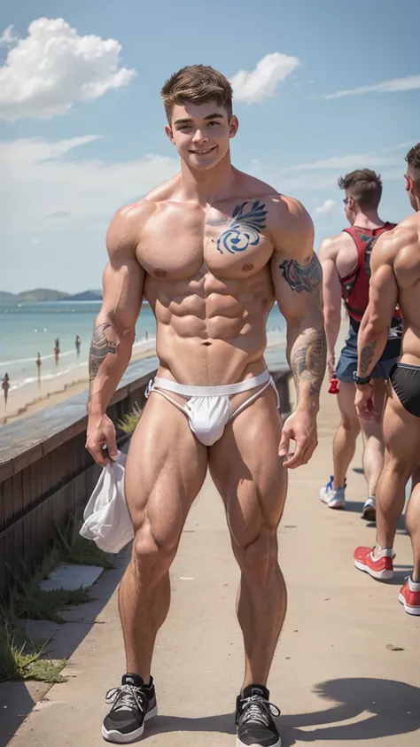 white skin,  18 year old bodybuilder, highschool freshman,  dressed in thongs,   topless  many tattoos, cute young face,  high detail faces, full body focus,  Shoot from a long distance,  muscular hunk in the sunny seaside, smile, cute smile, random view, ...