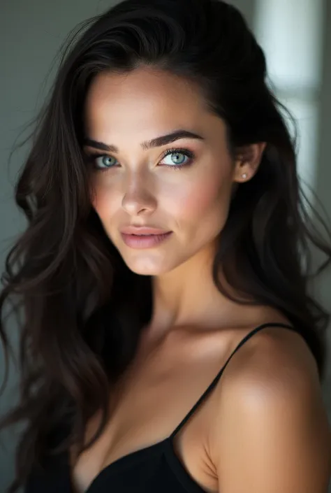 Professional photo shot of a beautiful woman who looks like Sydney Sweeney, but dark hair and blue eyes. 