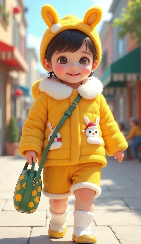 "Create a hyper-realistic or semi-realistic digital illustration of a  toddler walking outdoors on a beautiful city street. The toddler is wearing a bright yellow, fluffy jacket with a white collar, adorned with cute white pom-pom details. The jacket featu...