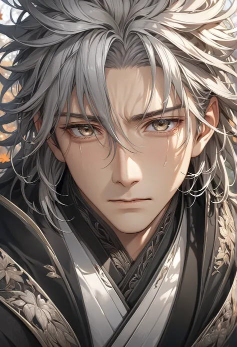 Handsome mature young boy, silver-haired man wearing mysterious oriental clothes( perfect anatomy ). messy hair, mane hair, dense hair, wild hair, expressive hair, short hair, Detailed face. handsome face, perfect face, (Sad, sorrow, tear), young male, mas...