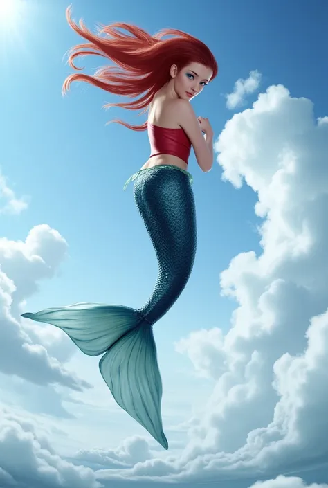 A stunning mermaid soaring through the sky, wearing a tight red top and a shimmering navy blue tail. Her long, flowing red hair moves with the wind, and her piercing blue eyes radiate an extraordinary beauty. The scene captures her in a graceful flight, wi...