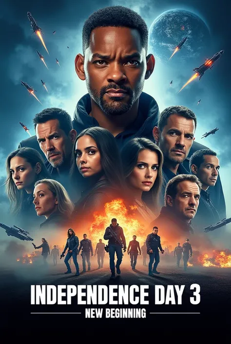  Create movie poster  "independence day 3: New Beginning" - Will Smith 
Sci-fi style poster, action and somewhat dramatic. It focuses on several characters with worried and battle-ready looks on their faces, against the background of a devastated city, spa...