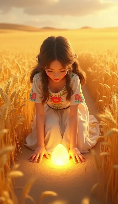 Animated image : "A 3D animated scene of a young woman kneeling in the heart of a golden wheat field, her hands brushing the earth. She has just uncovered a glowing seed in the ground, surrounded by shimmering light. Her vintage white dress with colorful f...