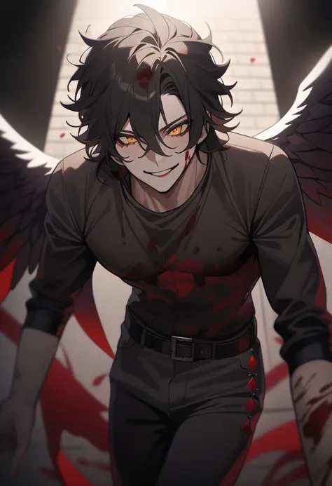 1man,solo,handsome face,fit body,yandere, shaggy hair style, white strands in the black hair,punk rock dark clothes,deep detailed eyes,tall,blood on him,standing,dark room,calm and soft expression,slight smirk,masterpiece,best quality,high resolution,sharp...