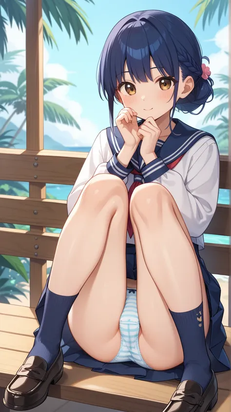  a 22-year-old girl with brown eyes and slender legs sitting on a wooden bench、This is an anime-style illustration of her wearing girly clothes wearing a cute navy blue sailor style top and a black and navy blue striped miniskirt。Im wearing dark blue high ...