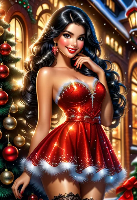 A beautiful woman with long straigh black hair, beautiful face, lashes, shy smile  and red lips, she is smiling and looking to observer, wearing sparkling mini dress in santa claus style,brown stockings and over-the-knee high top black boots, she is in fro...