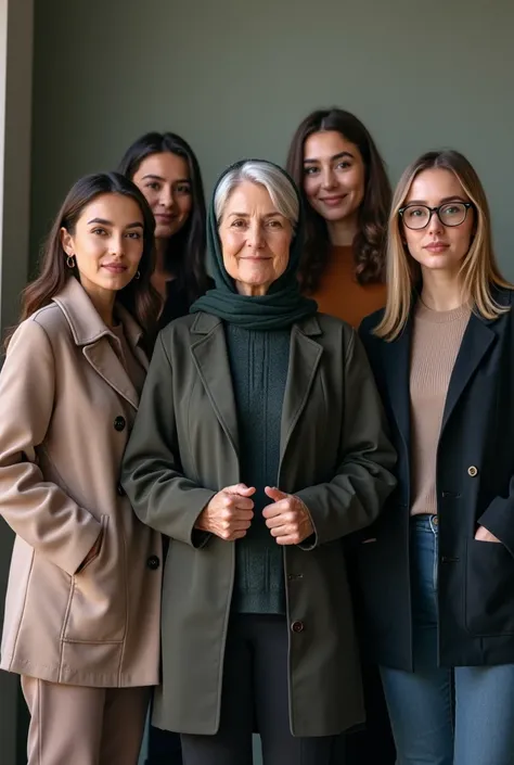 a group of 5 woman, 2 of the woman are older and more modest in what they are wearing greyish hair, 3 of the woman are younger more casual dress sense. Make 1 of the woman black, 2 of them should be wearing glasses, the scene is a clean Wearhouse