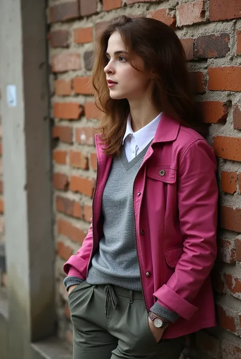 samoilovaflux,  Leaning against a rough brick wall,1 girl, pink jacket, grey sweater, collared shirt, untucked shirt, pants, brown footwear,look at view,portraits