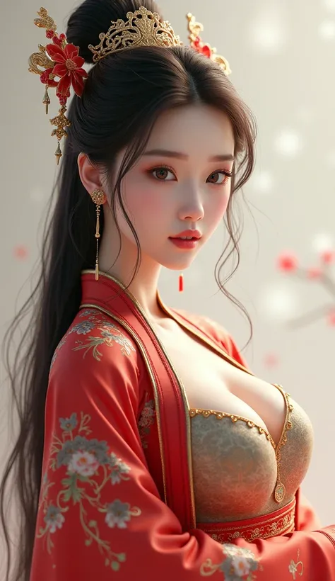 A beautiful white teenager with long hair has plump breasts and big breasts wearing traditional Chinese clothes 3 dimensional photos