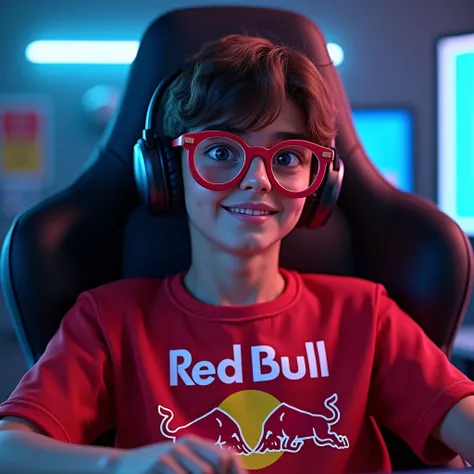 Wear a Red Bull t-shirt and sit in a gaming chair。Glasses that look like the bottom of a milk bottle。 headphones 。Realistic。 high image quality。