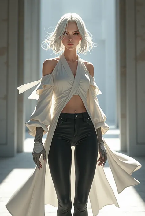 Appearance: Mira is tall and has a strong, agile build. She has white hair that goes right to left just below her shoulders, giving her a light, ethereal appearance. Mira wears a tight-fitting black pants and white long outfit with gloves that match her ov...