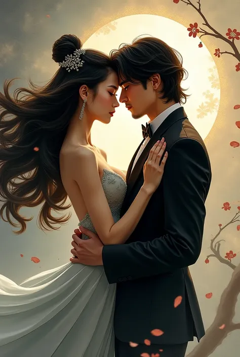 a handsome man with a face like a meteor garden artist , sedikit gondrong, wearing a modern black suit is hugging and looking at her lover a beautiful woman with long flowing hair with an evening dress and the background is abstract of a female dancer dres...