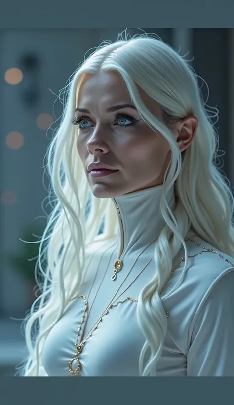  A feminine figure similar to an elf ,  with a wise and serene appearance ,  between 40 and 50 years old ,   deep blue eyes and long light hair ,  reminiscent of a Nordic one . She wears a futuristic outfit , white and minimalist, that covers her body up t...