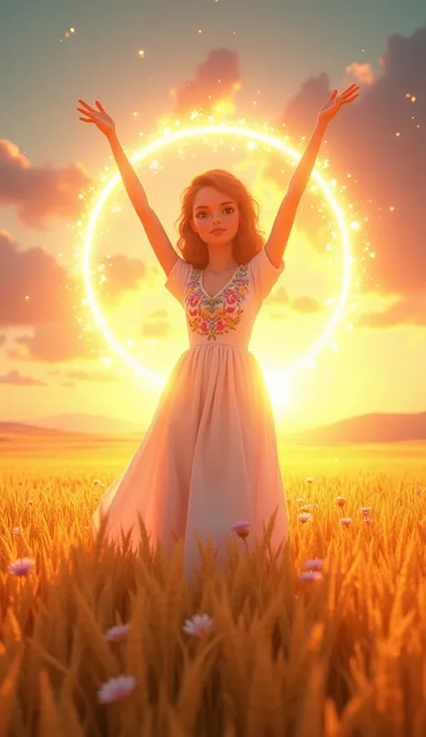 Animated image : "A 3D animated scene of a young woman standing in a golden wheat field at sunset, her arms raised as soft golden light bursts from her, illuminating the field. Flowers with vibrant colors bloom instantly as the wheat turns to shimmering go...