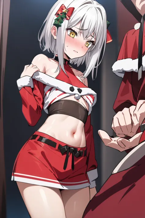 NSFW,masterpiece, top quality , high definition , very detailed,Tacheng kitten、 short hair、 hair ornament、 yellow eyes、White Hair, Santa Claus, crop top, miniskirt, shoulder out,Embarrassed,blush,companion,Nightlife