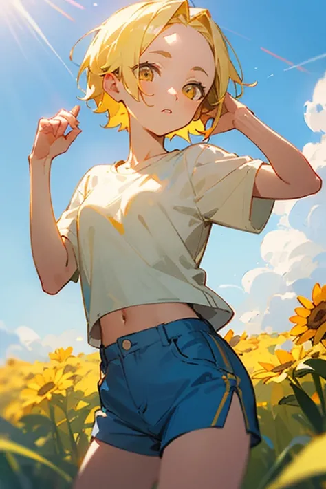 (masterpiece,  top quality, bright),  light yellow short hair,  yellow round eyes ,  shining eyes ,  white t-shirt ,  blue shorts ,  one hand one forehead , rural village , Good weather , sunlight, heat, summer