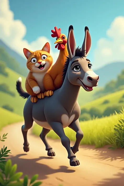 Donkey running and cat, hen, dog sit on it 