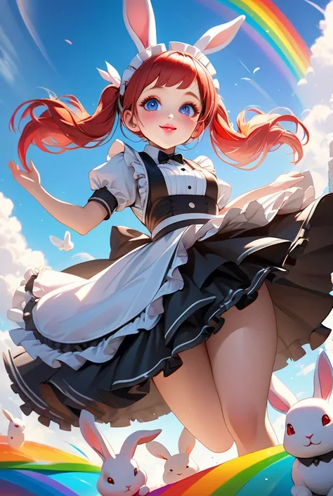 a girl with red twintails walking on a rainbow in the sky, with a rabbit, wearing a maid dress with elaborate frills, head ornament, joyful expression, fantasy, anatomically accurate human and rabbit forms, masterpiece, best quality, detailed eyes, detaile...