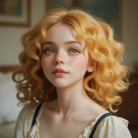 A  orphan with big wavy hair, yellow and messy ,  yellow-eyed, very pale skin