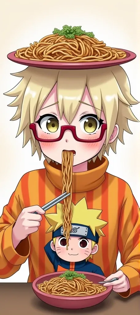  An anime or chibi girl eating ramen ,  with a plate of ramen on his head upside down ,  with short pale blonde hair , wearing red glasses ,  a shirt with vertical orange and yellow stripes,  with Naruto on the shirt eating ramen too 